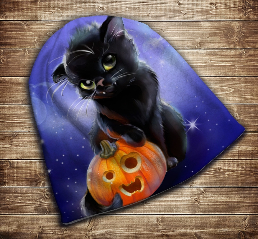 Шапка з 3D принтом-Котик-вампирчик і гарбуз Всі розміри