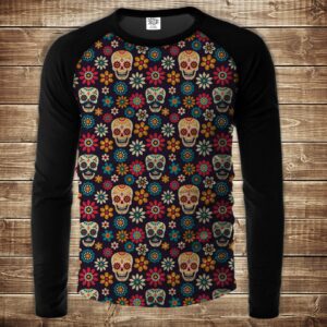 Лонгслив-реглан з 3D принтом- Sculls flowers ВСІ Розміри Преміум тканина
