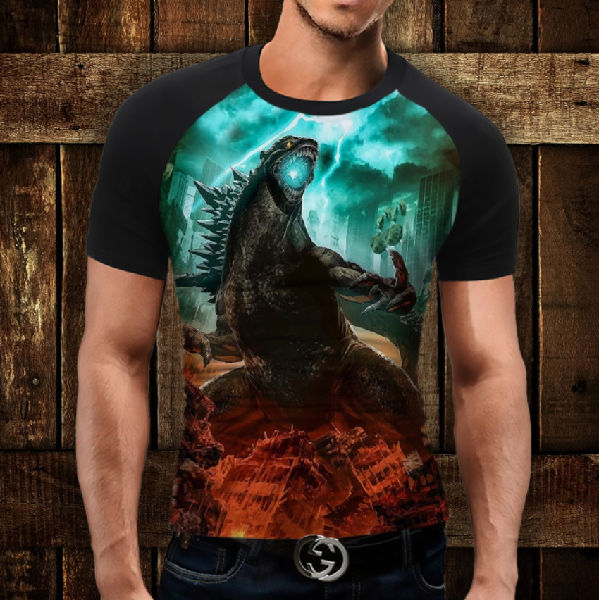 Футболка-реглан з 3D принтом Годзилла Удар ВСІ Розміри Преміум тканина