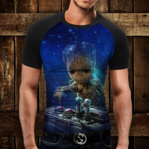 Футболка-реглан з 3D принтом Маленький Грут і музика Дорослі і Дитячі розміри ВСІ Розміри Преміум тканина