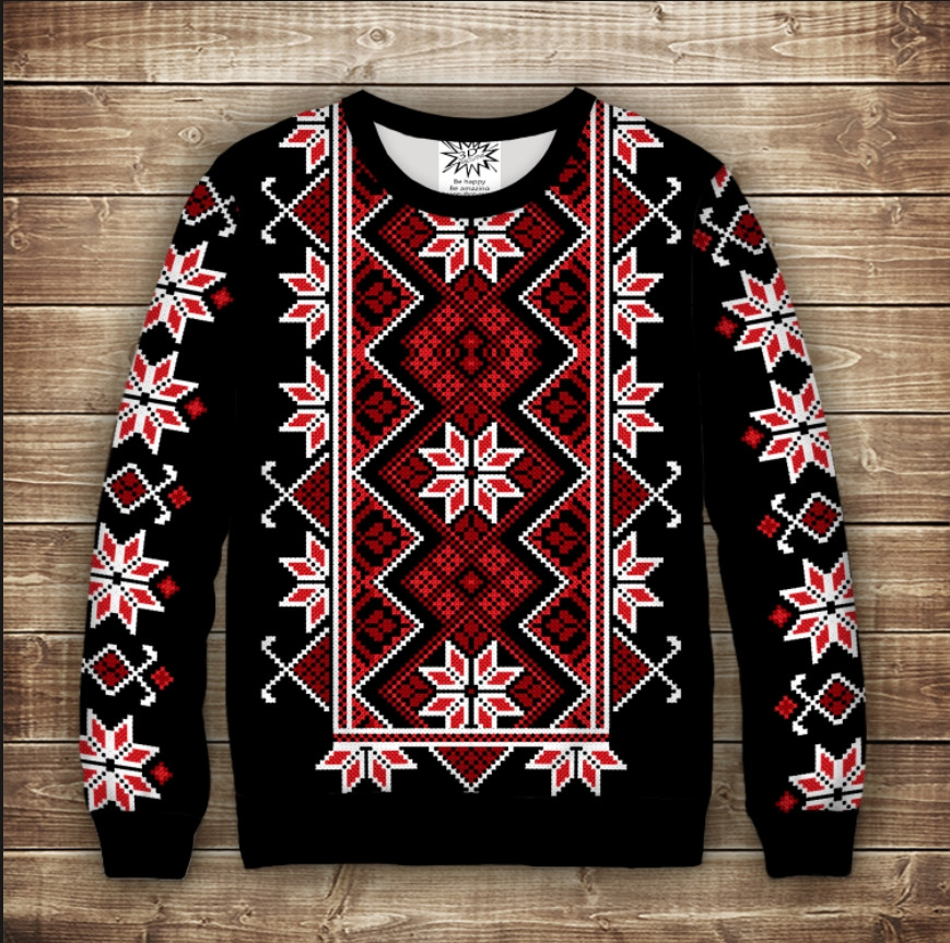 Світшот з принтом Вишиванка червонана чорному фоні ВСІ Розміри Преміум тканина