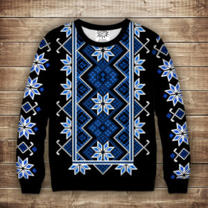 Світшот з принтом Вишиванка синя на чорному фоні ВСІ Розміри Преміум тканина