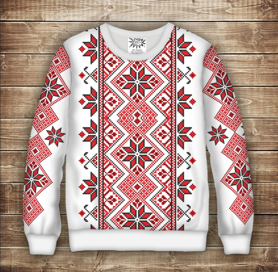 Світшот з принтом Вишиванка червона на білому фоні. Дорослі і Дитячі розміри ВСІ Розміри Преміум тканина