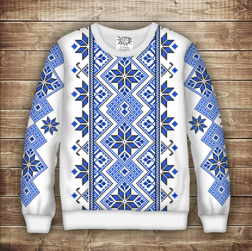 Світшот з принтом Вишиванка синя на білому фоні. Дорослі і Дитячі розміри ВСІ Розміри Преміум тканина