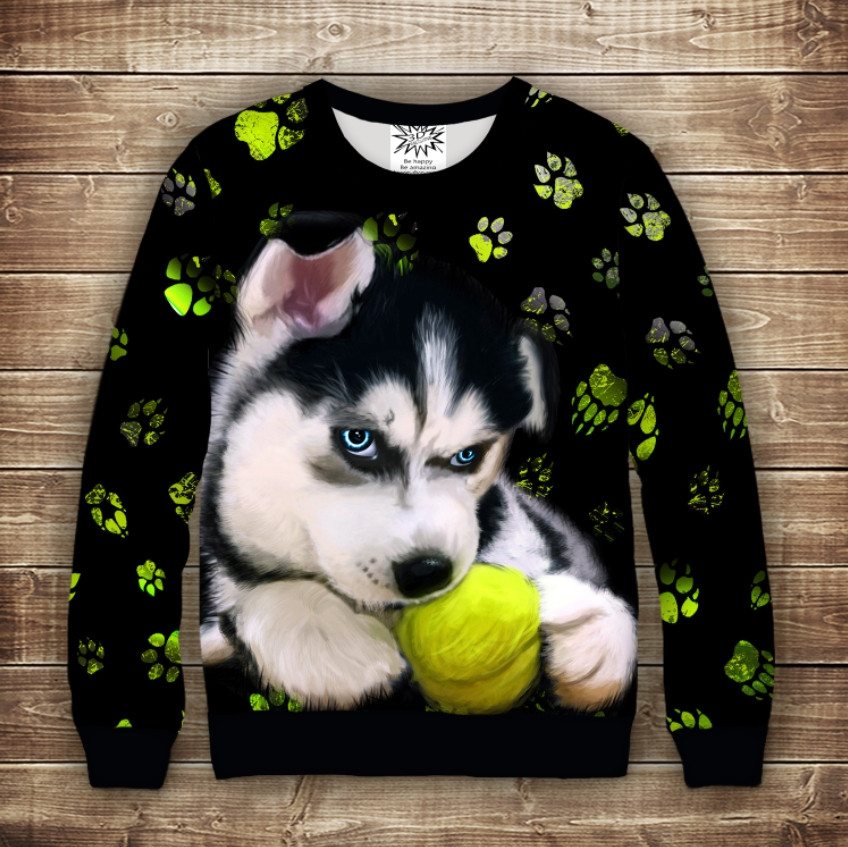 Світшот з 3D принтом Цуценя хаскі з тенісним м'ячиком. Дорослі і Дитячі розміри ВСІ Розміри Преміум тканина