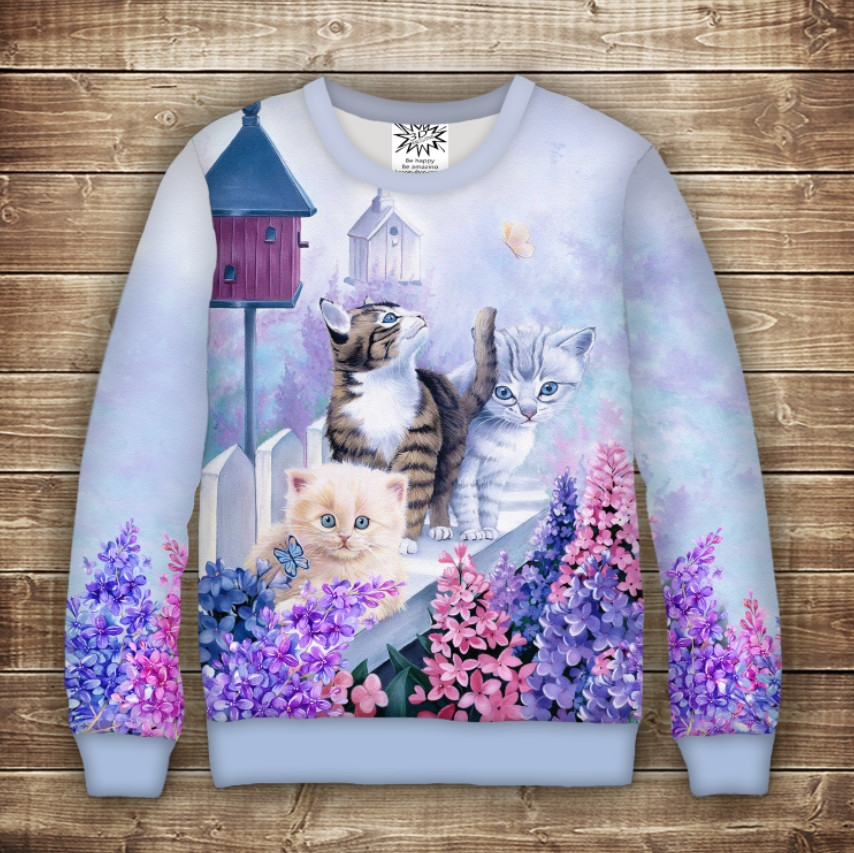 Світшот з принтом Котики на паркані з бузком. Дорослі і Дитячі розміри. ВСІ Розміри Преміум тканина