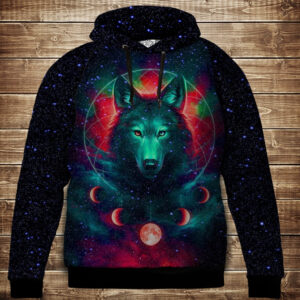 Толстівка кенгуру з капюшоном з 3D принтом Космічний вовк ВСІ Розміри Преміум тканина