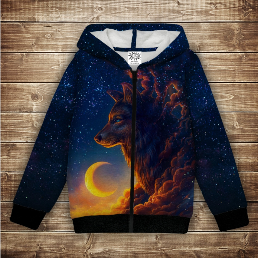 Худі теплий з 3Д принтом Вовк і зоряне небо. Дорослі і Дитячі розміри ВСІ Розміри Преміум тканина