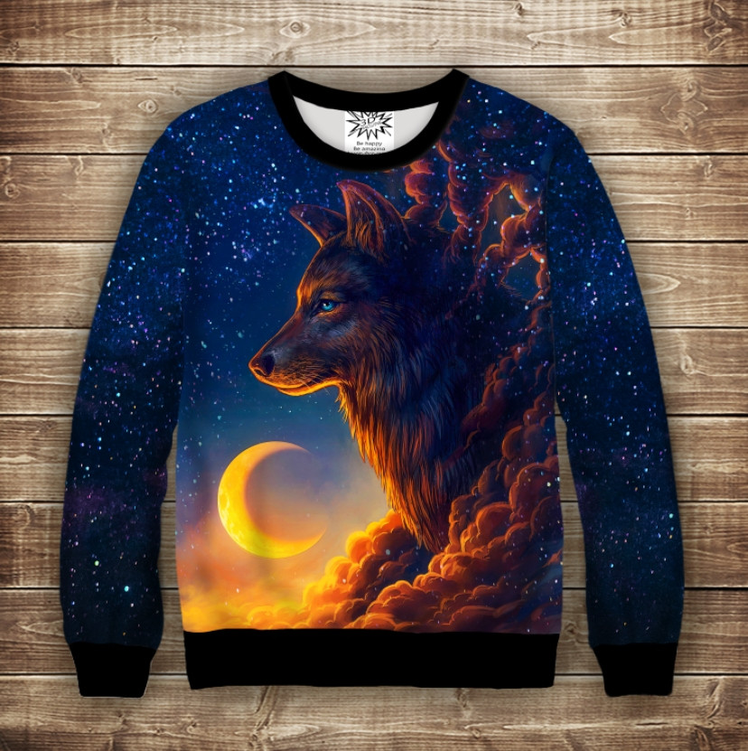 Світшот з принтом Вовк і зоряне небо. Дорослі і Дитячі розміри ВСІ Розміри Преміум тканина