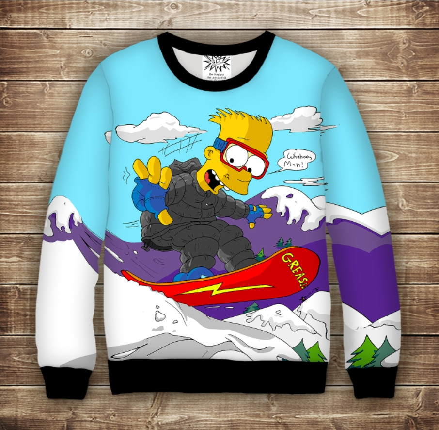 Світшот з принтом на тему Сімпсон на скейті в горах зимою. Дорослі і Дитячі розміри ВСІ Розміри Преміум тканина