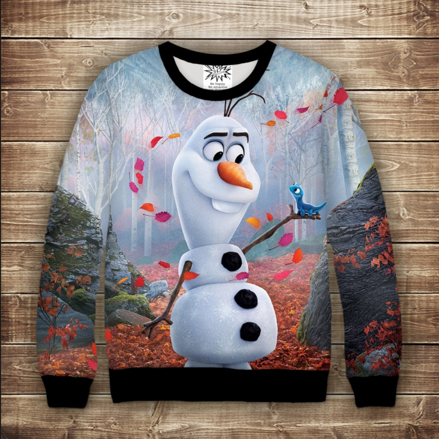 Світшот з 3D принтом на тему Олаф в зачарованому лісі Дорослі та дитячі розміри ВСІ Розміри Преміум тканина