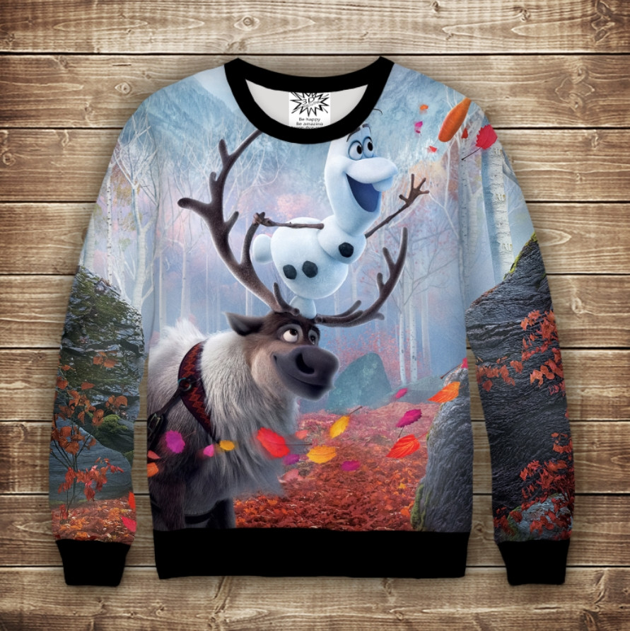 Світшот з 3D принтом на тему Холодне серце Олаф і Свен в зачарованому лісі Дорослі та дитячі розміри ВСІ Розміри Преміум тканина