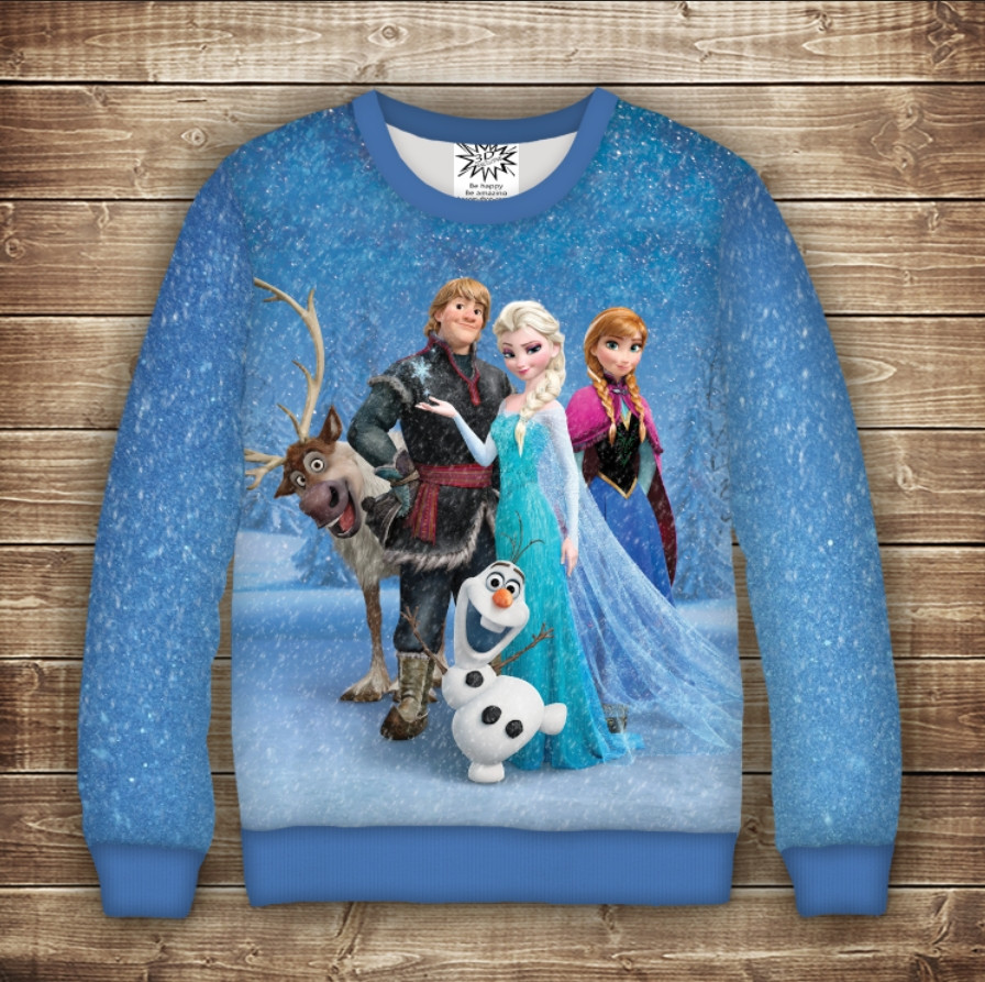 Світшот з 3D принтом на тему Холодне Серце усі герої Дорослі та дитячі розміри ВСІ Розміри Преміум тканина