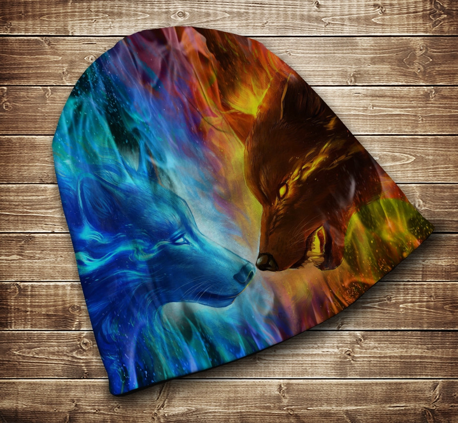 Шапка з 3D принтом на тему-Wolf Colour Fire Всі розміри і сезони. ВСІ Розміри