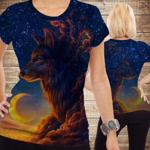 Футболка з 3D принтом Вовк і зоряне небо Взрослые и детские размеры ВСІ Розміри Преміум тканина