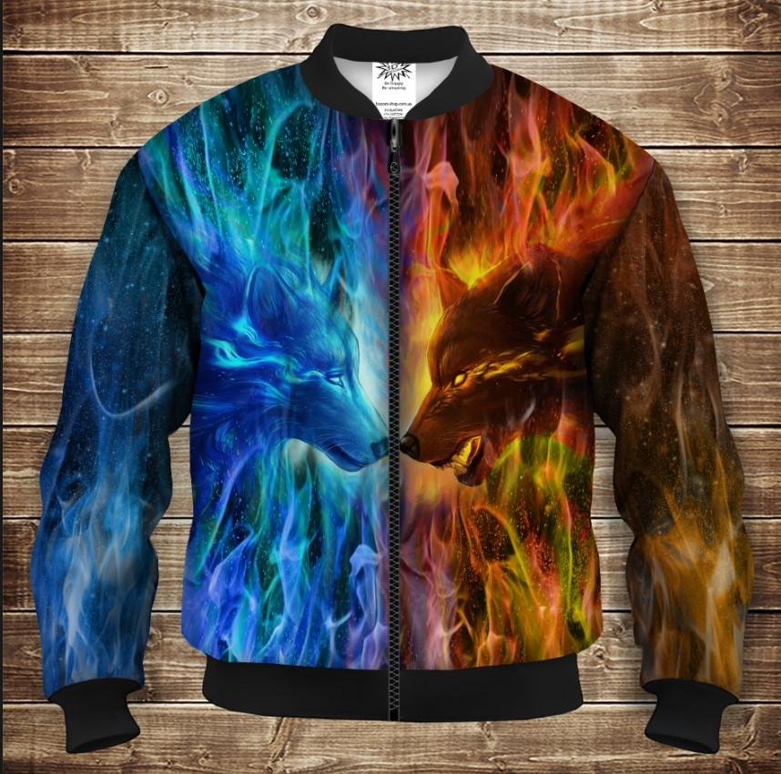 Бомбер з 3D принтом на тему Wolf Colour Fire Дорослі і Дитячі розміри ВСІ Розміри Преміум тканина