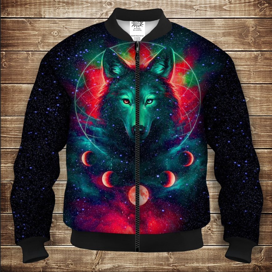 Бомбер з 3D принтом на тему Космічний вовк Дорослі і Дитячі розміри ВСІ Розміри Преміум тканина
