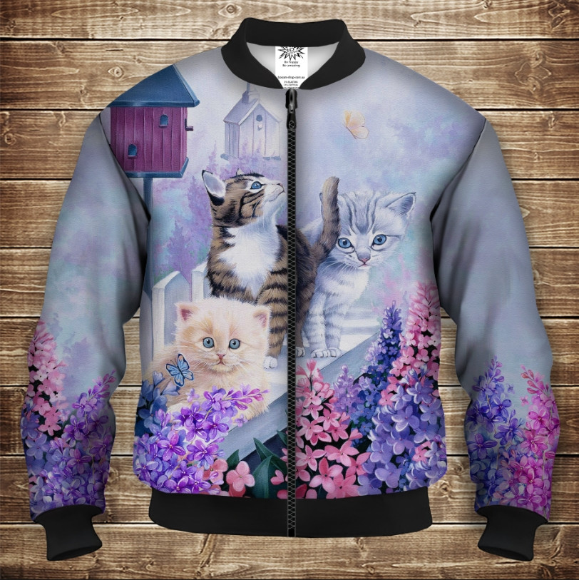 Бомбер з 3D принтом на тему Котики на паркані з бузком Дорослі і Дитячі розміри ВСІ Розміри Преміум тканина