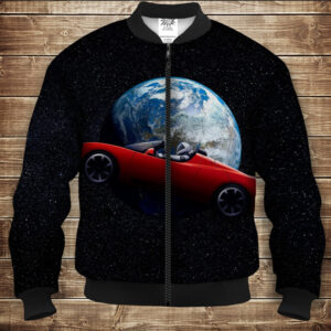 Бомбер з 3D принтом на тему Roadster Tesla in Universe Дорослі і Дитячі розміри ВСІ Розміри Преміум тканина