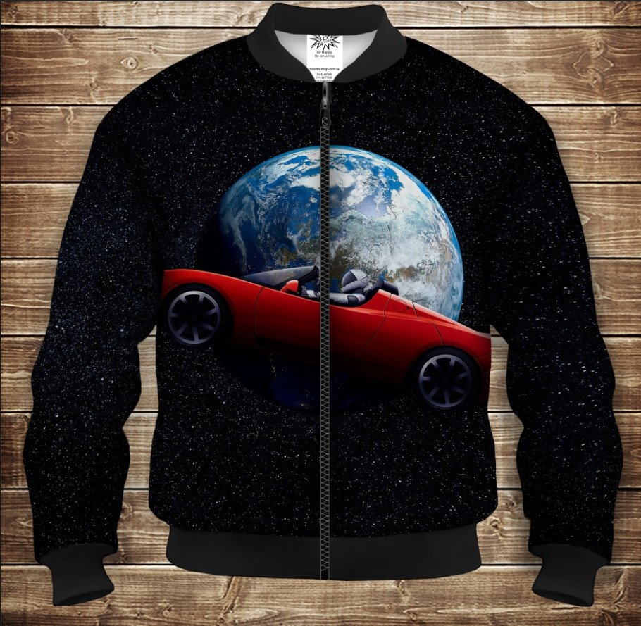 Бомбер з 3D принтом на тему Roadster Tesla in Universe Дорослі і Дитячі розміри ВСІ Розміри Преміум тканина