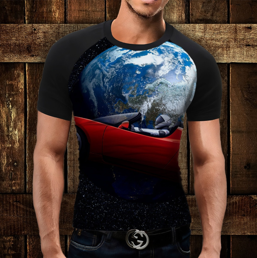 Футболка-реглан с 3D принтом Roadster Tesla in Universe Дорослі і Дитячі розміри ВСІ Розміри Преміум тканина