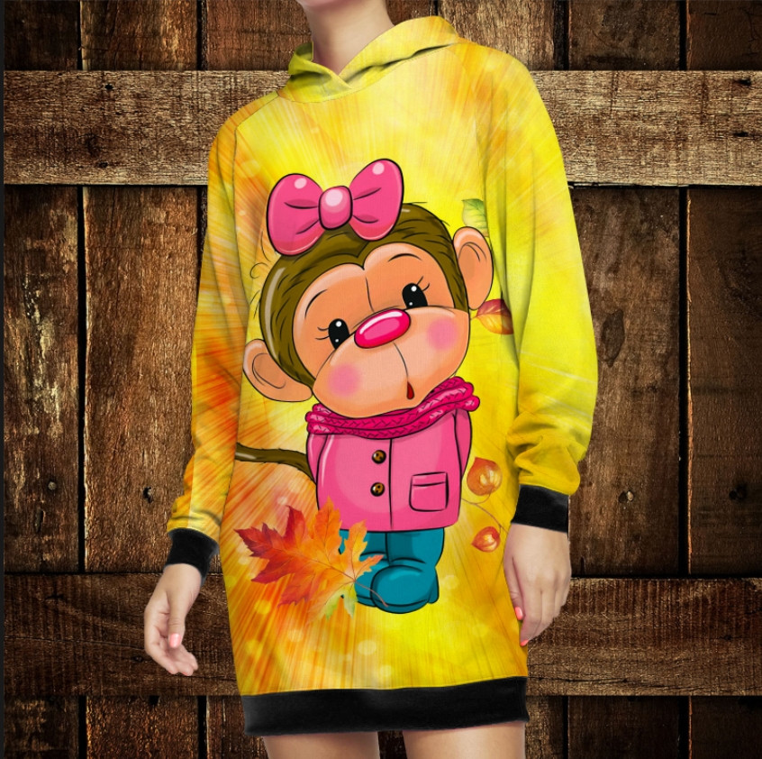 Плаття худі з капюшоном і з 3D принтом мавпочка з бантиком Дорослі і Дитячі розміри ВСІ Розміри Преміум тканина