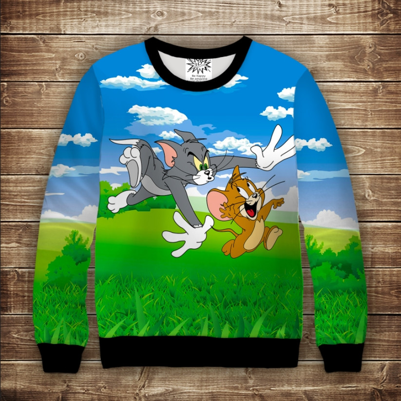 Світшот з 3D принтом на тему Том і Джеррі Дитячі і дорослі розміри ВСІ Розміри Преміум тканина