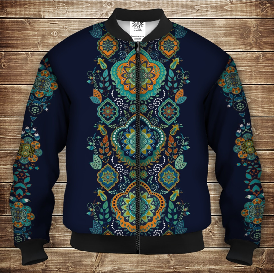 Бомбер з 3D принтом на тему Індійські орнаменти Синій тон Дорослі і Дитячі розміри ВСІ Розміри Преміум тканина