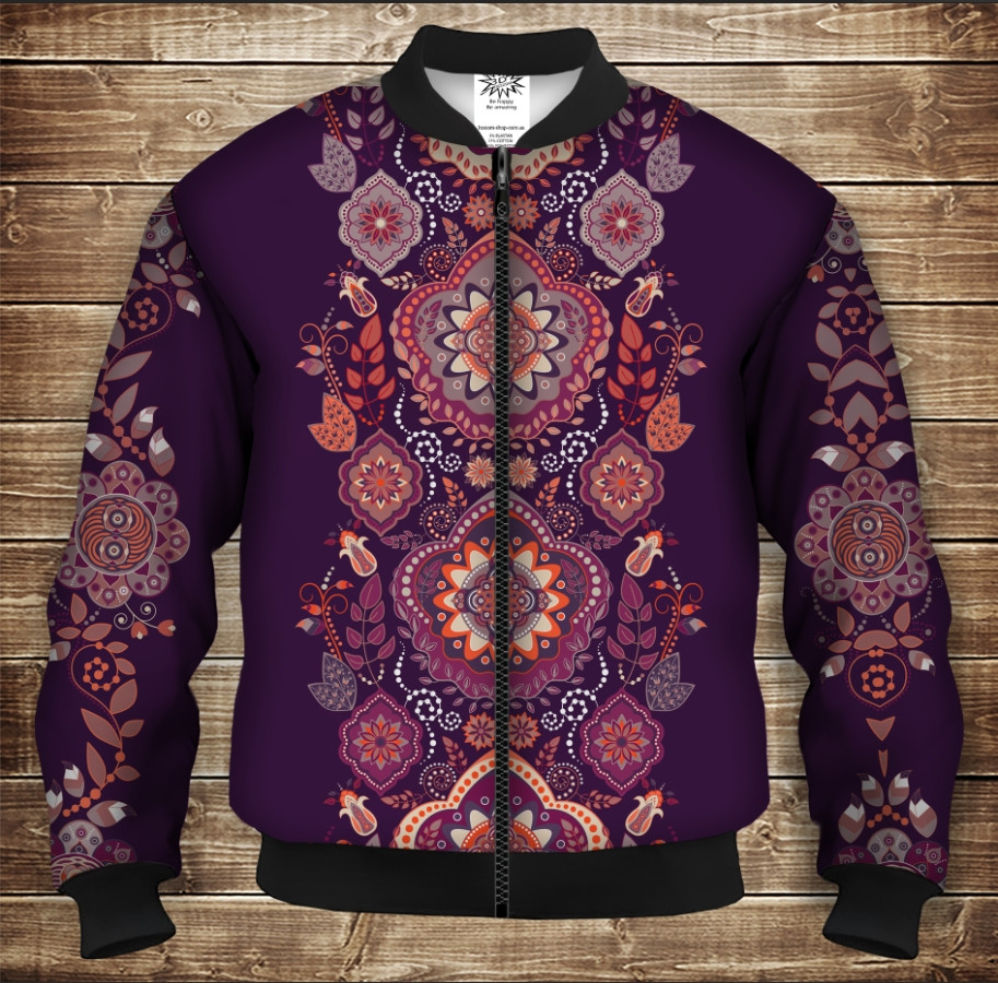 Бомбер з 3D принтом на тему Індійські орнаменти Фіолетовий тон Дорослі і Дитячі розміри ВСІ Розміри Преміум тканина