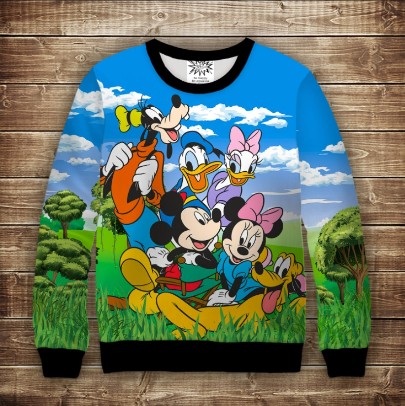 Світшот з 3D принтом на тему Міккі і Мінні маус з друзями на природі Дорослі і Дитячі розміри ВСІ Розміри Преміум тканина