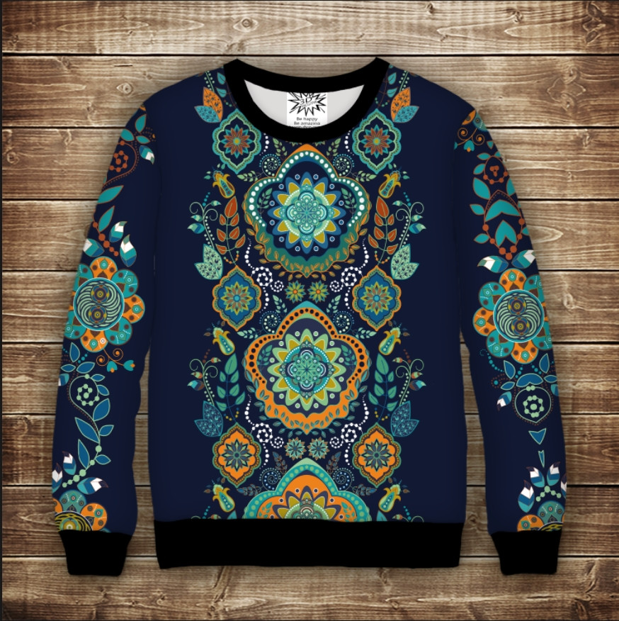 Світшот з 3D принтом на тему: Індійські орнаменти. Синій тон. Дорослі та дитячі розміри ВСІ Розміри Преміум тканина