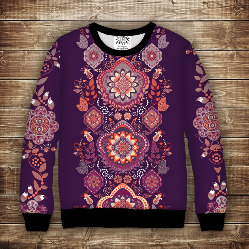 Світшот з 3D принтом на тему: Індійські орнаменти. Фіолетовий тон. Дорослі та дитячі розміри ВСІ Розміри Преміум тканина