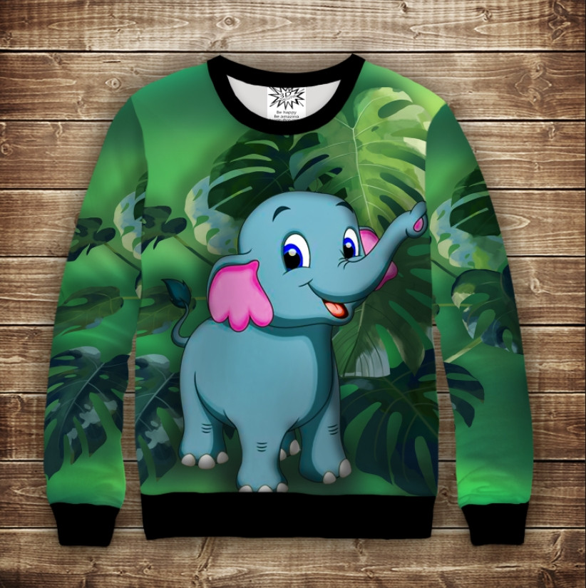 Світшот з 3D принтом: Слоник і Монстера. Дитячі і дорослі розміри ВСІ Розміри Преміум тканина