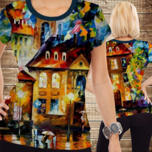 Футболка з 3D принтом Осінній міський пейзаж. Двоє під дощем ВСІ Розміри Преміум тканина