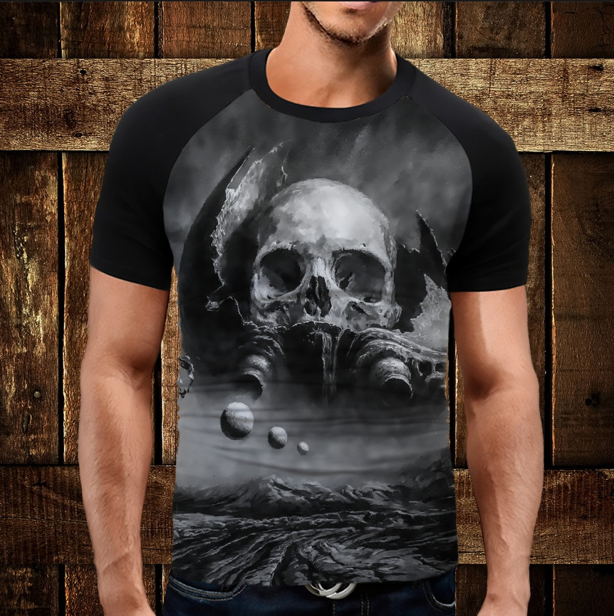 Футболка-реглан с 3D принтом: Черепа Phantom Sculls in grey. Дорослі і Дитячі розміри ВСІ Розміри Преміум тканина