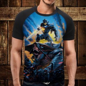 Футболка-реглан с 3D принтом: Тихоокеанський Рубіж. Єгер проти Кодзю. Дорослі і Дитячі розміри ВСІ Розміри Преміум тканина