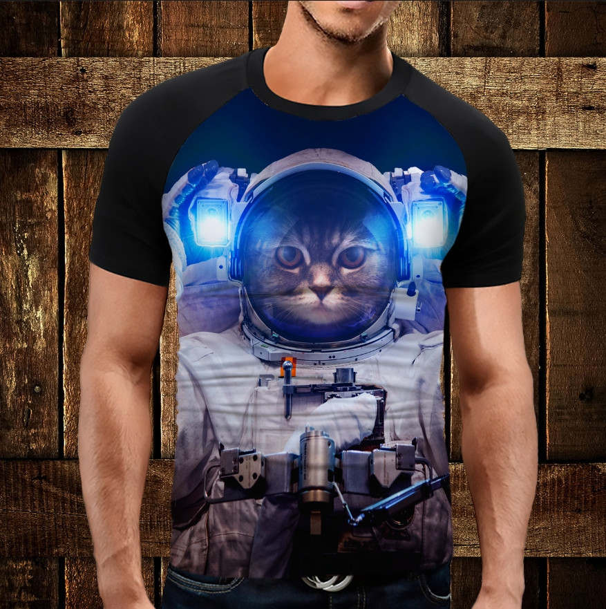 Футболка-реглан с 3D принтом: Кіт в скафандрі. Кіт Космонавт. Дорослі і Дитячі розміри ВСІ Розміри Преміум тканина