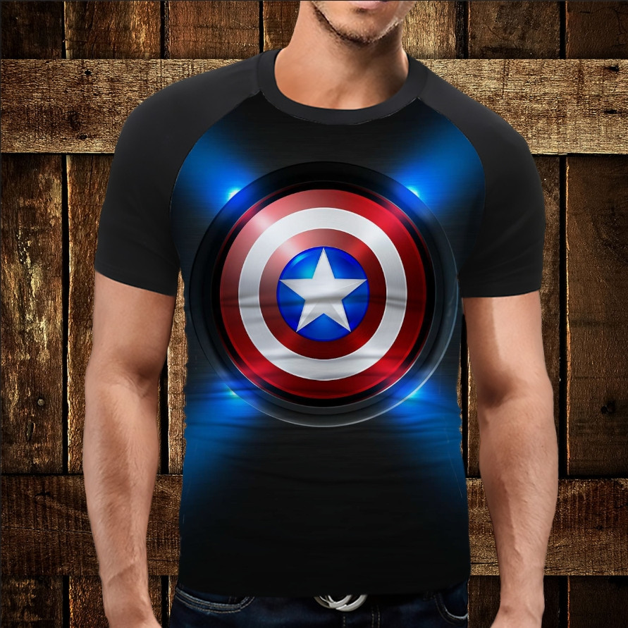 Футболка-реглан с 3D принтом: Торс Капітан Америка Щит Арт. Дорослі і Дитячі розміри ВСІ Розміри Преміум тканина