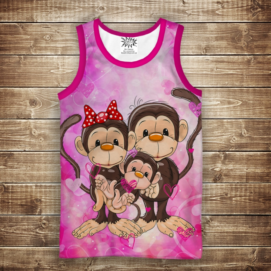 Майка з 3D принтом: Веселі мавпочки Рожевий 1. Дорослі і Дитячі розміри ВСІ Розміри Преміум тканина