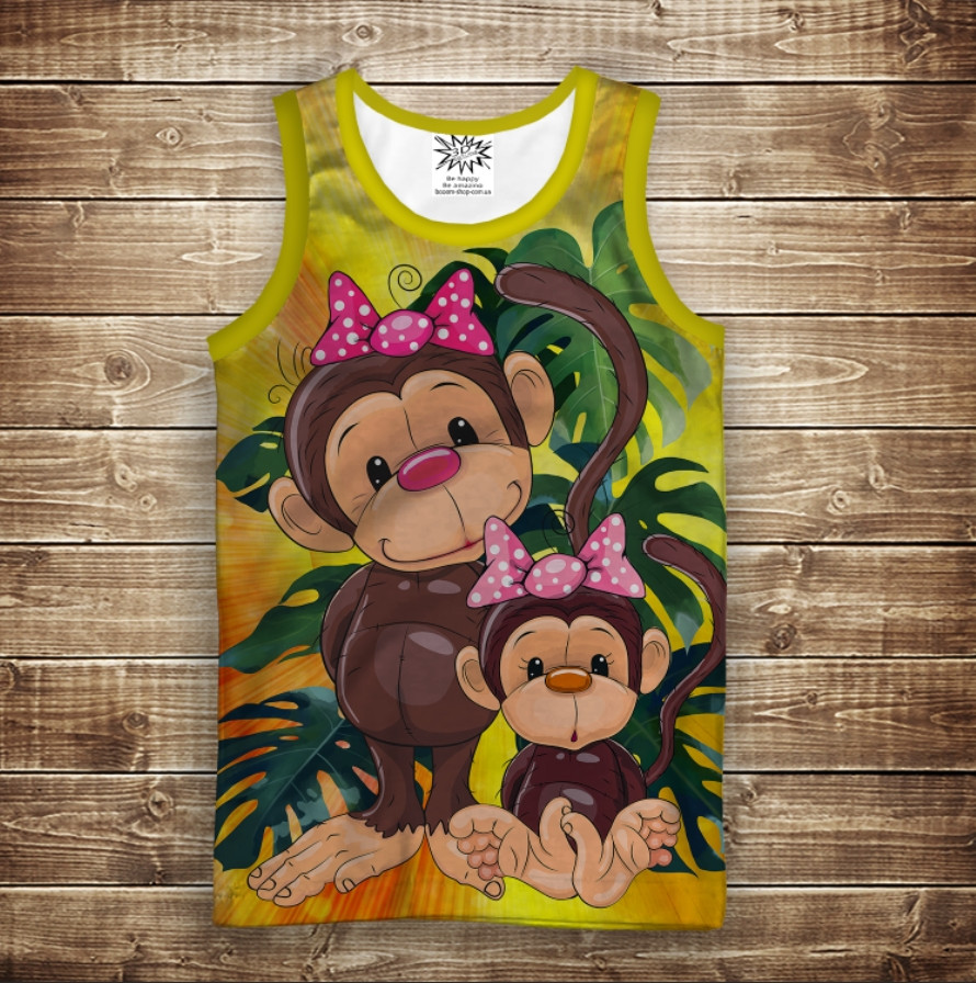 Майка з 3D принтом: Веселі мавпочки Жовтий 1. Дорослі і Дитячі розміри ВСІ Розміри Преміум тканина