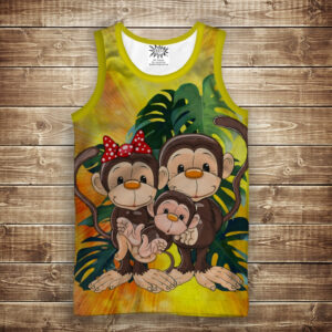 Майка з 3D принтом: Веселі мавпочки Жовтий 2. Дорослі і Дитячі розміри ВСІ Розміри Преміум тканина