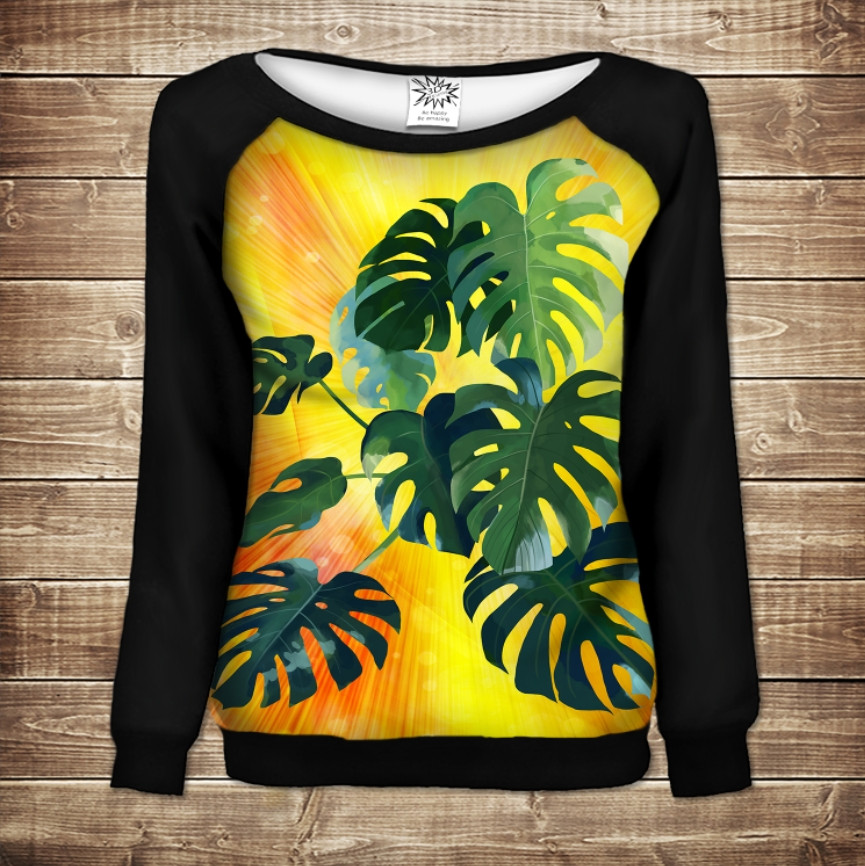 Жіночий світшот-реглан з 3D принтом на тему: Монстера на жовтому ВСІ Розміри Преміум тканина