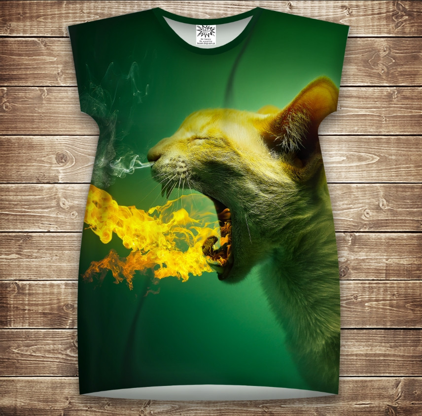 Плаття-туніка 3D принтом: Котик дихає вогнем. Дорослі і Дитячі розміри ВСІ Розміри Преміум тканина
