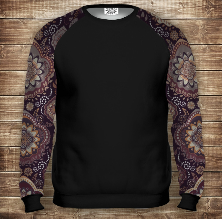 Світшот-реглан з 3D принтом на тему: Індійські орнаменти. Фіолетовий тон. Дорослі та Дитячі розміри ВСІ Розміри Преміум тканина