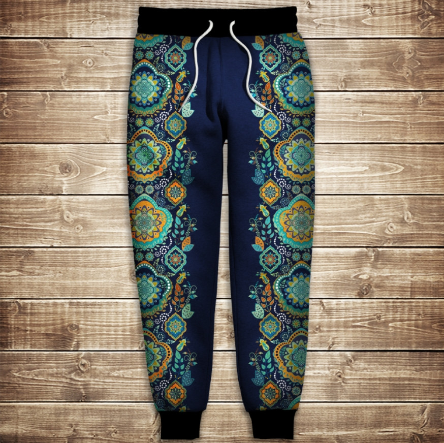Штани з 3D принтом: Індійські орнаменти. Синій тон ВСІ Розміри Преміум тканина