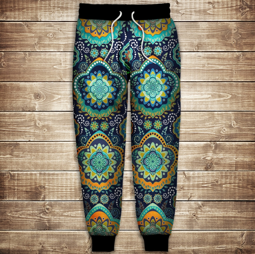 Штани з 3D принтом: Індійські орнаменти. Синій тон ВСІ Розміри Преміум тканина