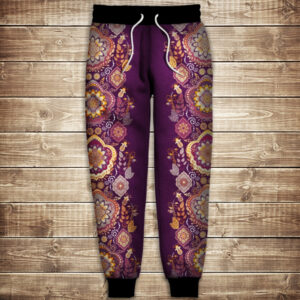 Штани з 3D принтом: Індійські орнаменти. Фіолетовий тон ВСІ Розміри Преміум тканина