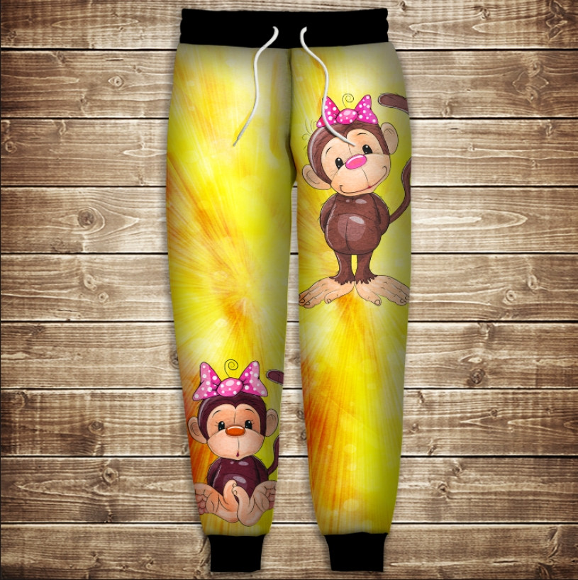 Штани з 3D принтом на тему: Веселі мавпочки. Жовтий 2. Дитячі і Дорослі розміри ВСІ Розміри Преміум тканина