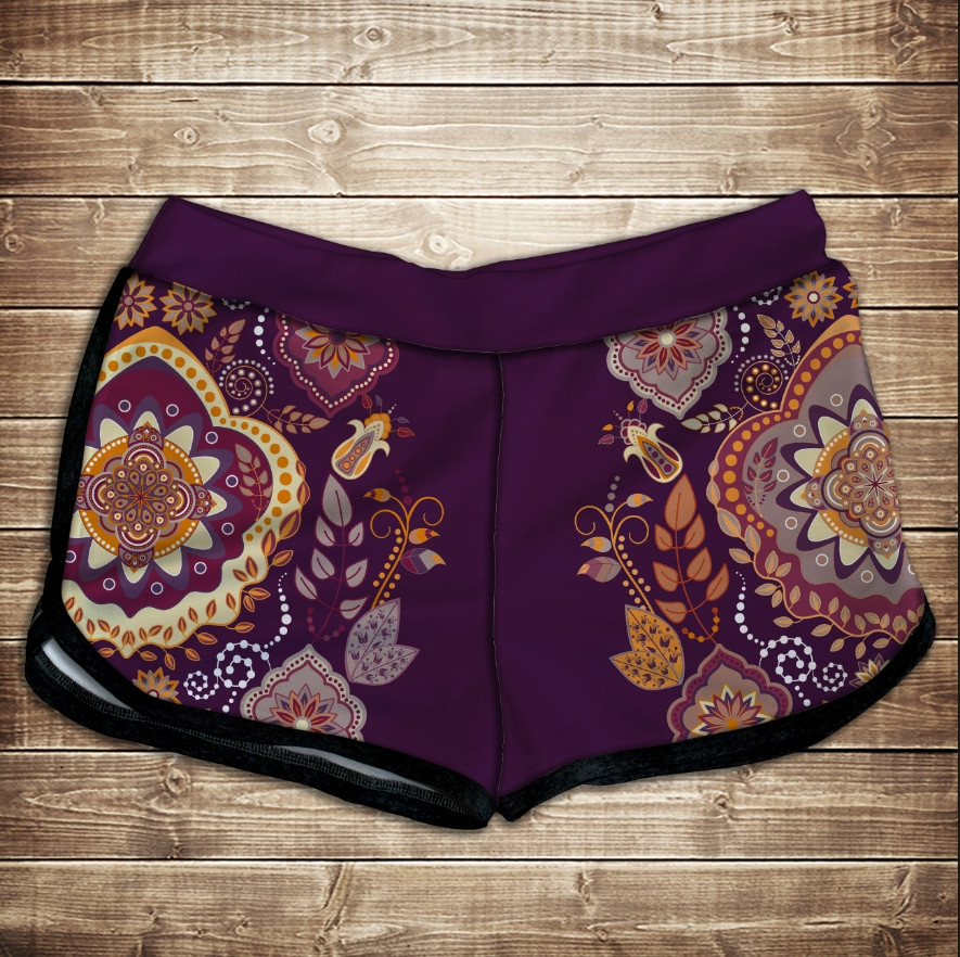 Шорти жіночі з 3D принтом на тему: Індійські орнаменти. Фіолетовий тон ВСІ Розміри Преміум тканина