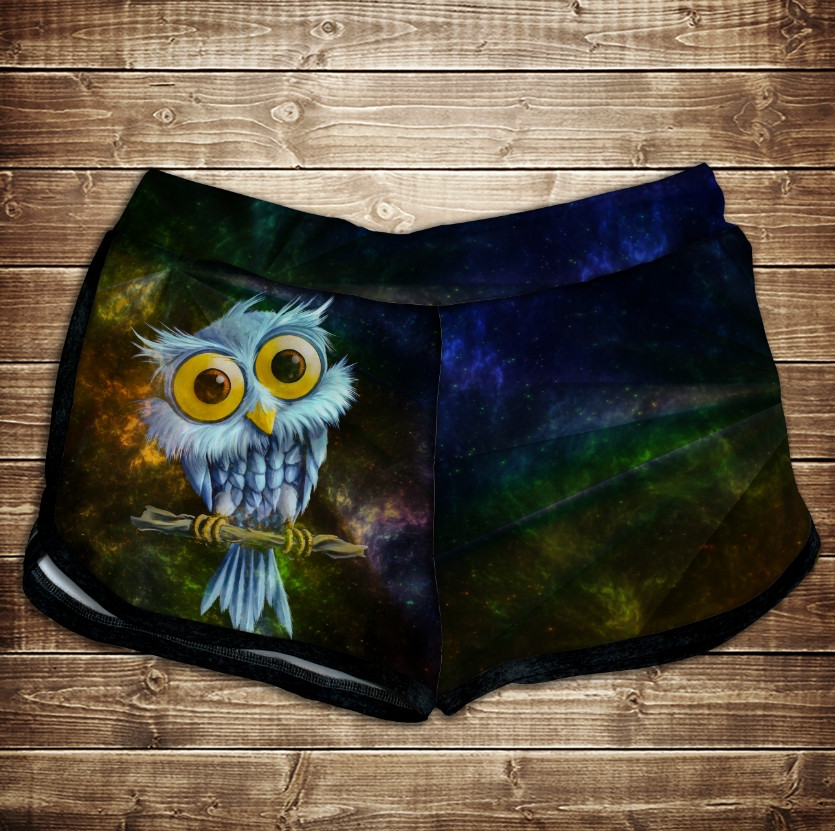 Шорти жіночі з 3D принтом на тему: Сови. Космічний пугач ВСІ Розміри Преміум тканина